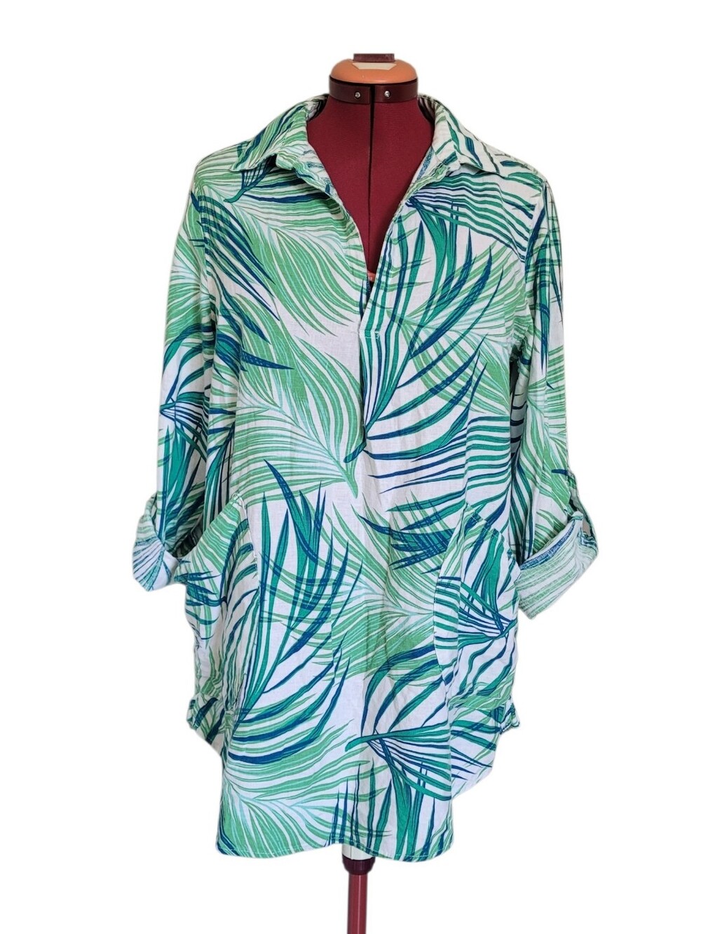 For Cynthia Linen Blend Tropical Palm Print Tunic Shirt Top Plus Size 1X